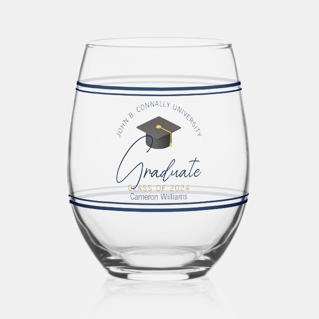 Chic Navy Blue Graduation Keepsake Gift Stemless Wine Glass (Front)