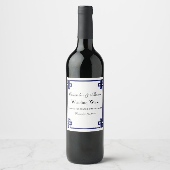 Chic Navy Blue Greek Key Knot Frame Wine Label (Front)