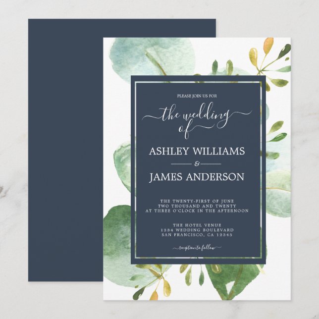 Chic Navy Blue Green Eucalyptus Botanical Wedding Invitation (Front/Back)