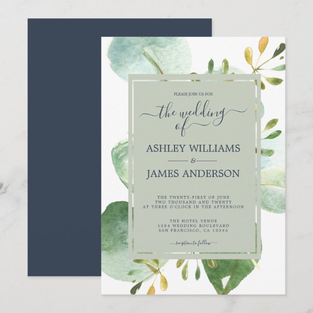 Chic Navy Blue Green Eucalyptus Botanical Wedding Invitation (Front/Back)