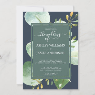 Chic Navy Blue Green Eucalyptus Botanical Wedding Invitation