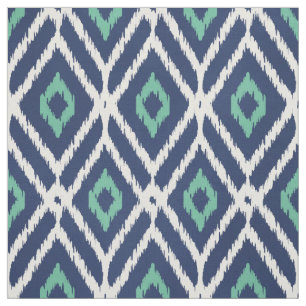 Chic navy blue green ikat tribal diamond pattern fabric