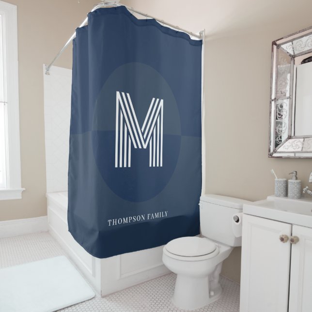 Chic Navy Blue Grey Geometric Modern Monogram Shower Curtain (In Situ)