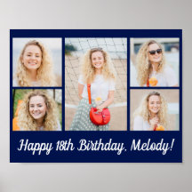 Chic Navy Blue Happy Birthday Photo Collage Party