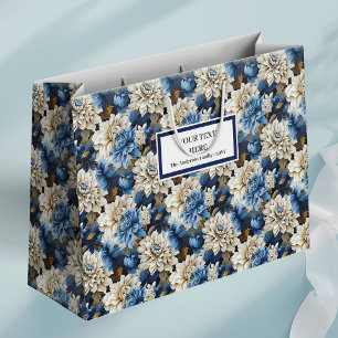 Chic Navy Blue Ivory Floral Elegant Gift Bag