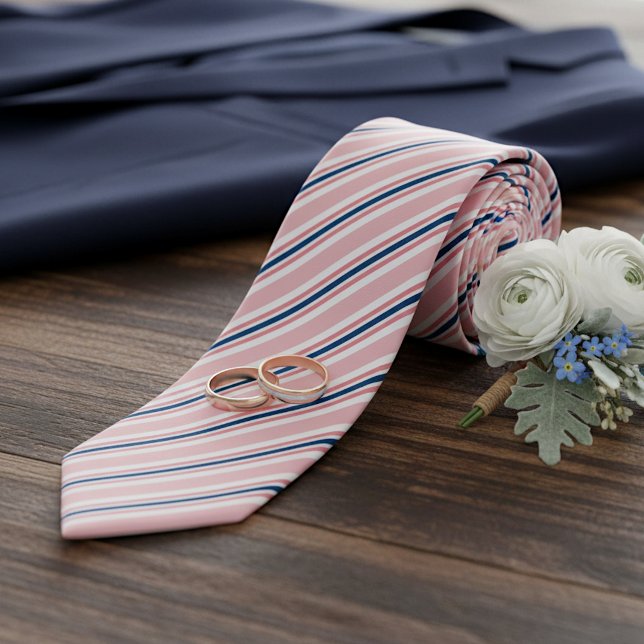 Chic Navy Blue Light Blush Pink Stripes Pattern Tie (Creator Uploaded)