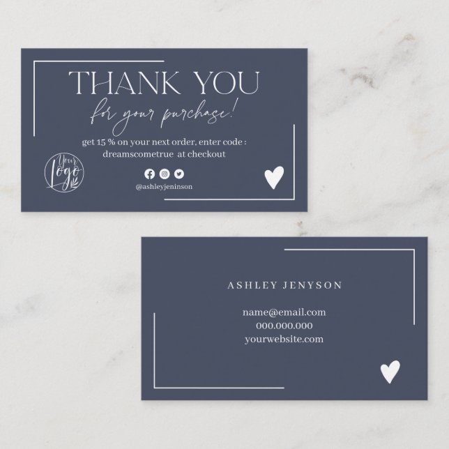 Chic navy blue logo script order thank you business card (Front/Back)