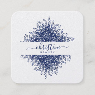 Chic Navy Blue Mandala Drawing Script Signature Square Business Card