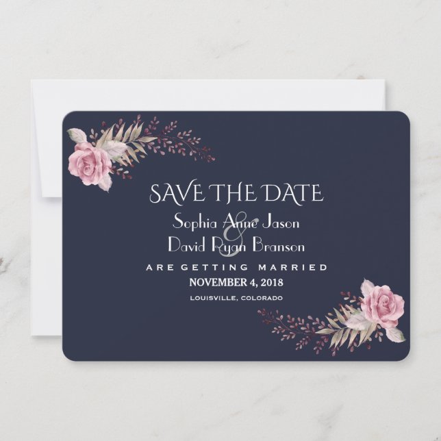 Chic Navy Blue Maroon Boho Floral Save The Date (Front)