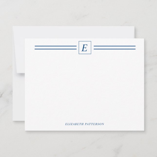 Chic Navy Blue Monogram Double Line Card (Front)