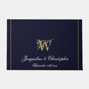 Chic Navy Blue Monogram Names Newlyweds Wedding Doormat