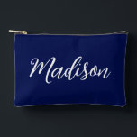 Chic Navy Blue Name Custom Handwritten Script Accessory Pouch<br><div class="desc">A chic personalized navy blue monogram cosmetic bag or pencil pouch for a girl who loves simple,  handwritten gifts. Beautiful white cursive script spelling out your name in elegant script.</div>