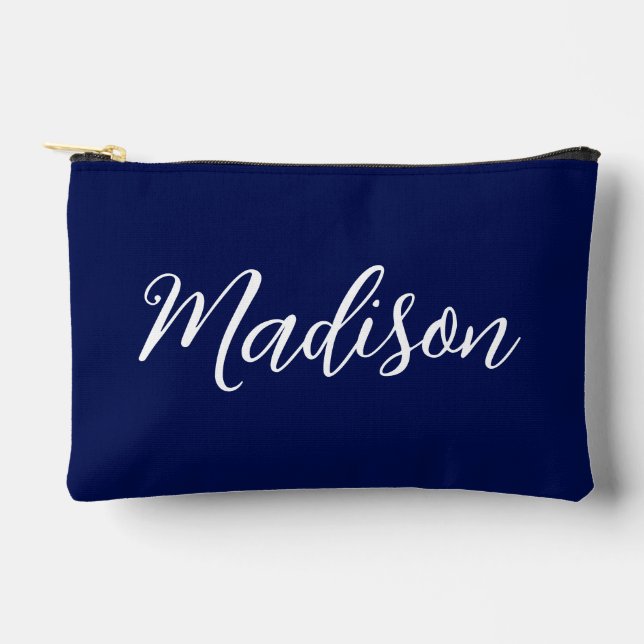 Chic Navy Blue Name Custom Handwritten Script Accessory Pouch (Front)