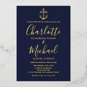 Chic Navy Blue Nautical Anchor Wedding Gold Foil
