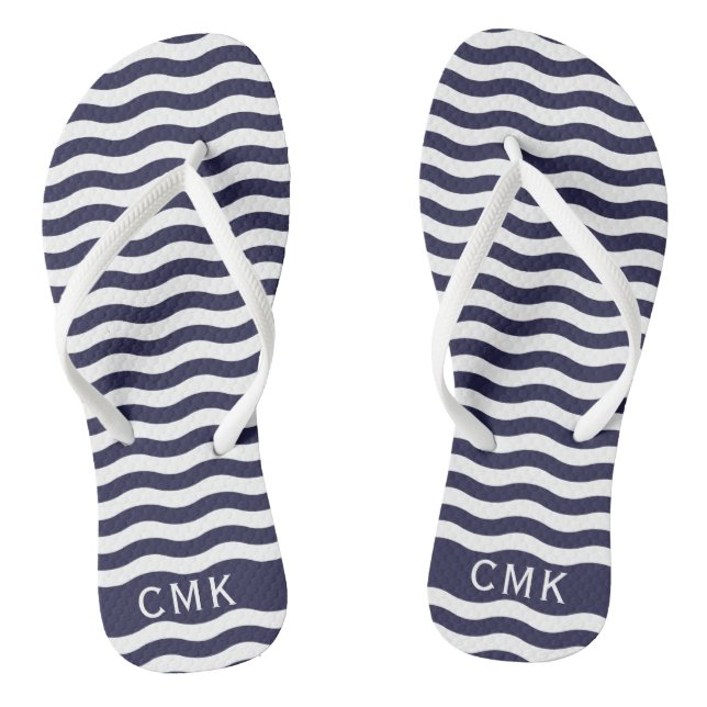 Chic Navy Blue Nautical Waves Beach Monogram Flip Flops (Footbed)