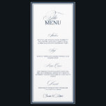 Chic Navy Blue Old Money Wedding Dinner Menu Card<br><div class="desc">Bring timeless sophistication to your wedding reception with this Chic Navy Blue Old Money Wedding Dinner Menu Card. Designed with a deep navy background, classic serif typography, and elegant spacing, it embodies quiet luxury and refined charm. Perfect for formal, coastal, or evening weddings, this customisable menu card adds a touch...</div>