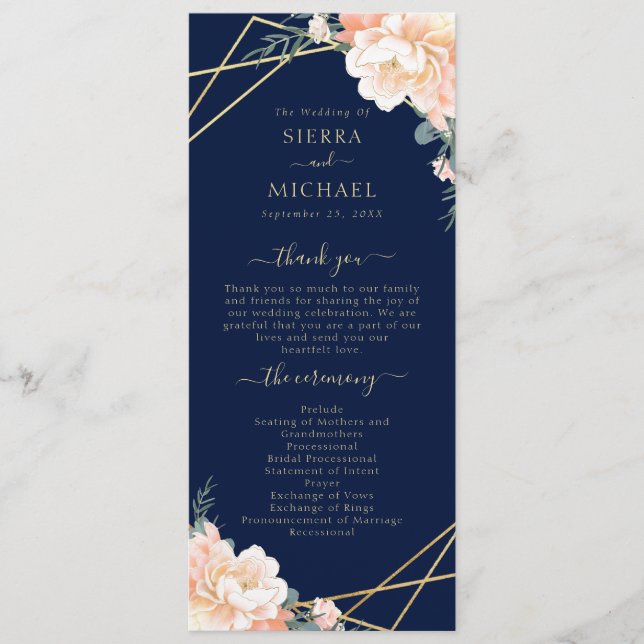 Chic Navy Blue Peach Cream Gold Geometric Wedding Programme (Front)