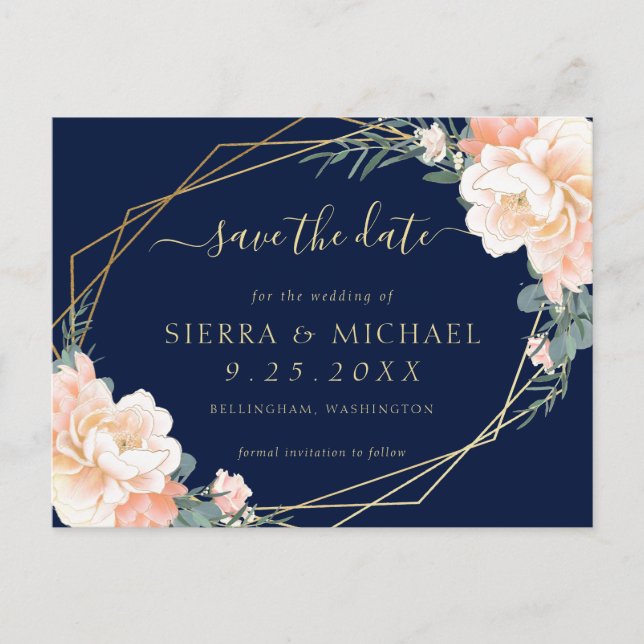 Chic Navy Blue Peach Gold Floral Save the Date Announcement Postcard (Front)