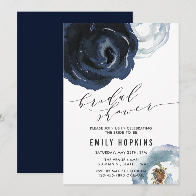 Chic Navy Blue Peony Bridal Shower Invitation (Front/Back)