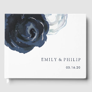Chic Navy Blue Peony Floral Wedding Guest Book