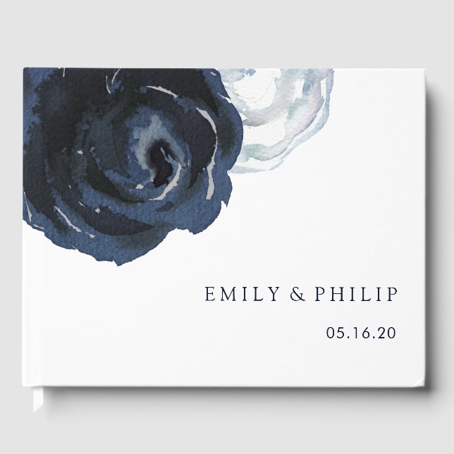 Chic Navy Blue Peony Floral Wedding Guest Book (Front)