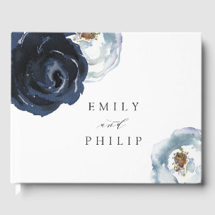 Chic Navy Blue Peony Floral Wedding Guest Book