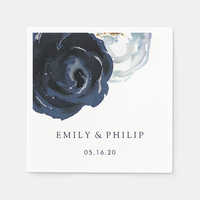 Chic Navy Blue Peony Floral Wedding Paper Napkin (Front)