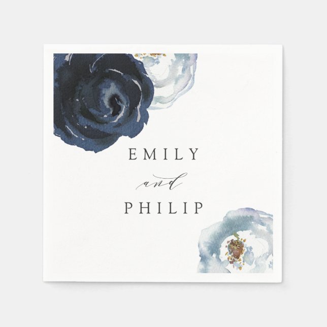 Chic Navy Blue Peony Floral Wedding Paper Napkin (Front)