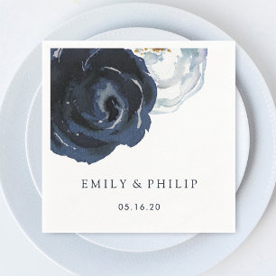 Chic Navy Blue Peony Floral Wedding Paper Napkin