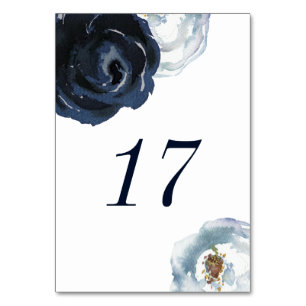 Chic Navy Blue Peony Floral Wedding Table Number