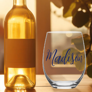 Chic Navy Blue Personalised Name Stemless Wine Glass