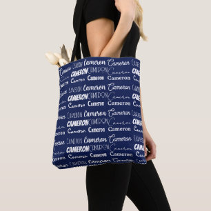 Chic Navy Blue Personalized Name Collage Tote Bag