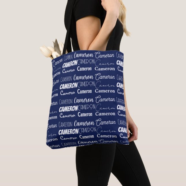 Chic Navy Blue Personalized Name Collage Tote Bag (Close Up)