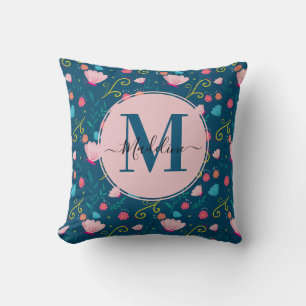 Chic Navy Blue Pink Butterfly Flower Monogram Cushion
