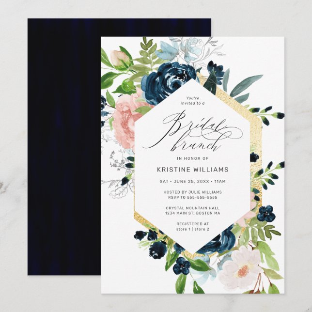 Chic Navy Blue Pink Rose Floral Bridal Brunch Invitation (Front/Back)