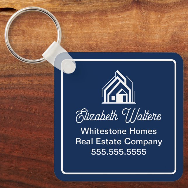 Chic Navy Blue Real Estate Company Custom Realtor Key Ring (Front)