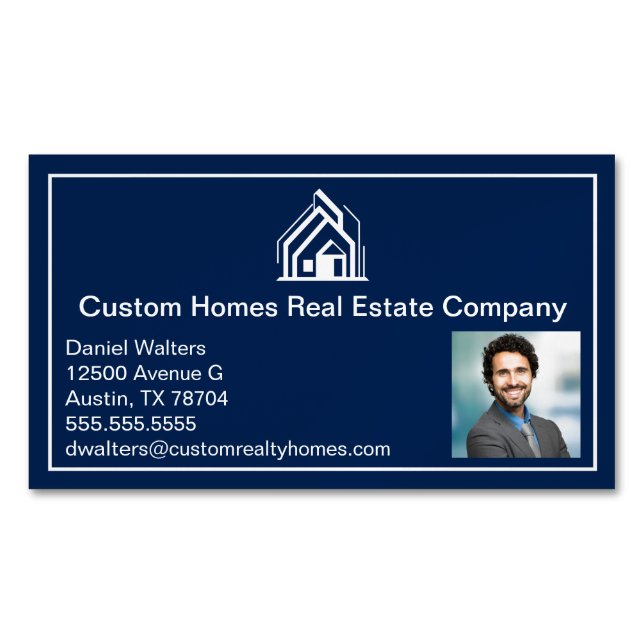 Chic Navy Blue Real Estate Company Realtor Photo Magnetic Business Card (Front)