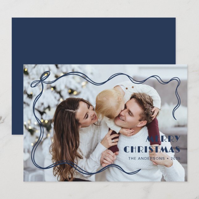 Chic Navy Blue Ribbon Family Photo Merry Christmas Holiday Card (Front/Back)