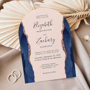 Chic Navy Blue Rose Gold Agate Blush Arch Wedding Invitation