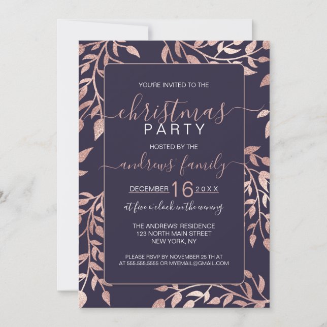 Chic Navy Blue Rose Gold Floral Leaves Christmas Invitation (Front)