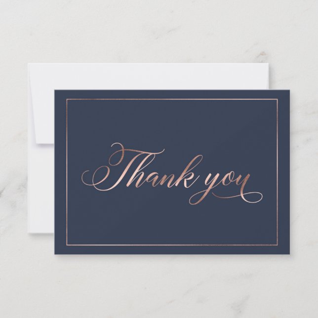 Chic Navy Blue & Rose Gold Foil Calligraphy Script Thank You Card (Front)