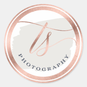 Chic Navy Blue & Rose Gold Foil Company Logo Classic Round Sticker