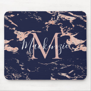 Chic Navy Blue Rose Gold Foil Marble Monogram Mouse Mat