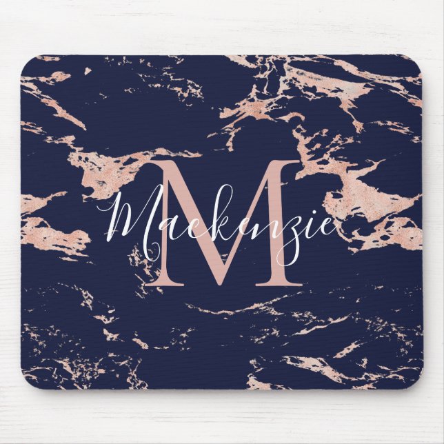 Chic Navy Blue Rose Gold Foil Marble Monogram Mouse Mat (Front)