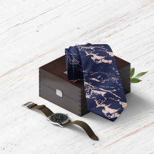 Chic Navy Blue Rose Gold Foil Marble Tie