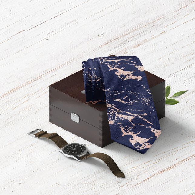 Chic Navy Blue Rose Gold Foil Marble Tie (Creator Uploaded)