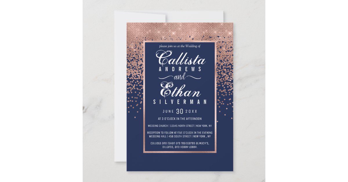 Chic Navy Blue Rose Gold Glitter Confetti Wedding Invitation | Zazzle