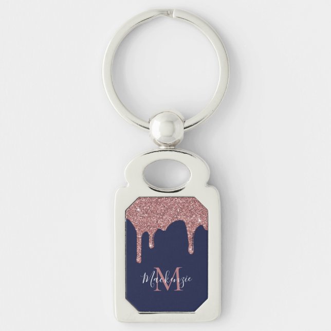 Chic Navy Blue Rose Gold Glitter Drips Monogram Key Ring (Front)