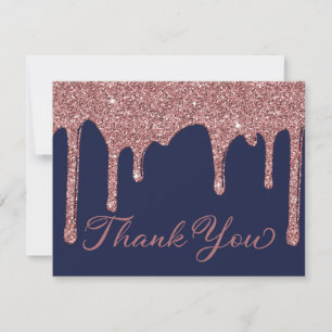 Chic Navy Blue Rose Gold Glitter Drips Thank You Card