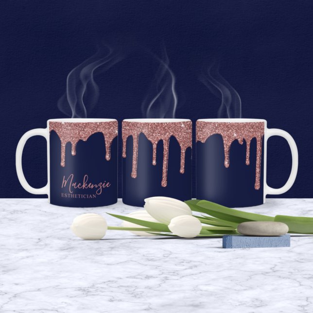 Chic Navy Blue Rose Gold Glitter Sparkle Drips Coffee Mug (Creator Uploaded)